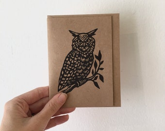 Cartões de coruja - Cartões de impressão tipográfica - Cartões de felicitações rústicos em branco - Cartões de anotações marrons