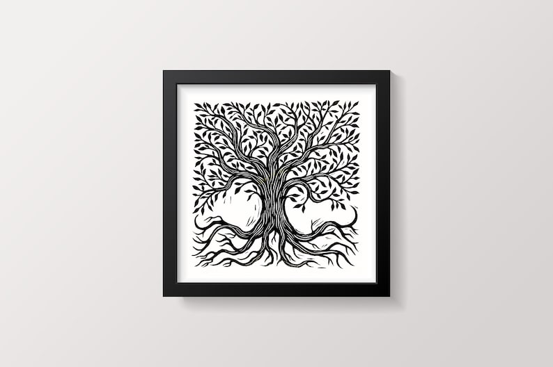 Tree Art Tree of Life Wall Art Linocut Print Square Art 12x12 Inch Wall Art Black and White Home Decor Ornate Tree Artwork image 2