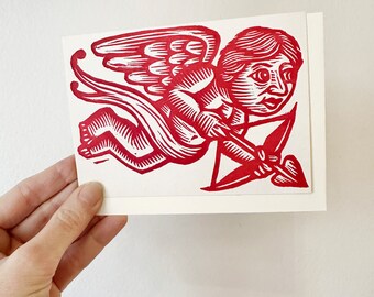 Valentine's Day Cupid Greeting Card - Hand Printed Cards - Greeting Cards - Linocut Greeting Cards - Love Card - Anniversary Card