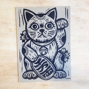 Carte postale chat - carte postale chat porte-bonheur - carte postale presse typographique - cartes postales typographiques imprimées à la main - cartes postales linogravure imprimées à la main