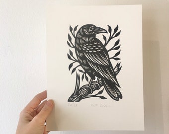 Raven Wall Art Linocut Print - 8.5x11 Art Print