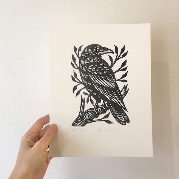 Raven Wall Art Linocut Print - 8.5x11 Art Print