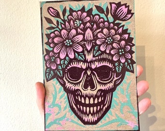 Fertile Skull 5x7 Letterpress Postcard - Hand Printed Postcards - Skull with Flowers Postcard - Floral Skull Art - Linocut Postcard Print