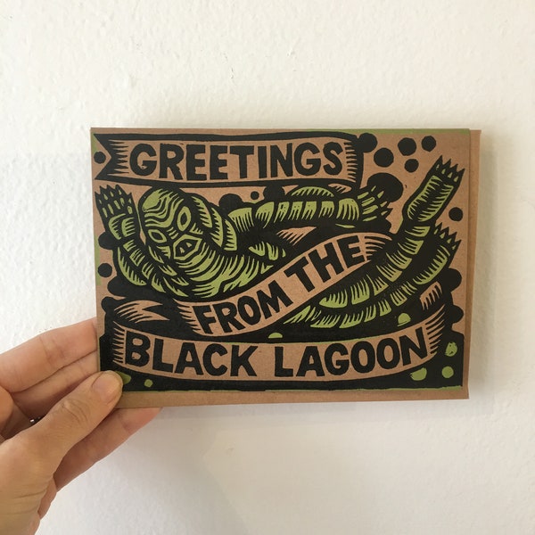 Funny Greeting Card Creature from the Black Lagoon 5x7 Letterpress Greeting Card - Single or Set of 5