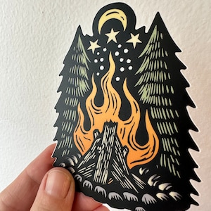 Campfire in the Woods with Moon and Stars Waterproof Vinyl Sticker - Nature Art - Linocut Graphics - Outdoorsy - Hiker Gift - Camping Themed