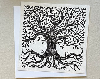Ornate Tree with Roots Square Mini Print - Square Card - Tree Art - Small Tree Art - Tree of Life Small Print - Art Prints - Flat Cards