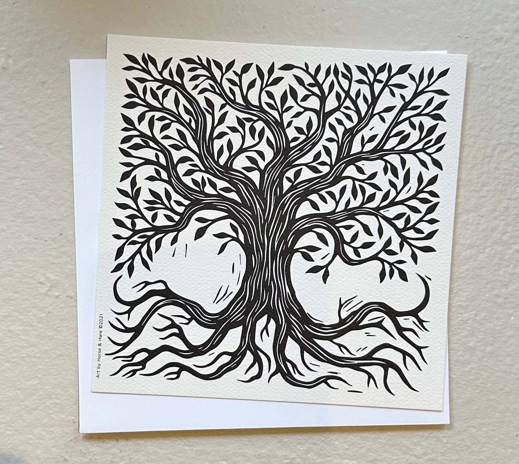 Printmaking Tree Roots Ornate Tree With Roots Square Mini Print - Square Card - Tree Art ...