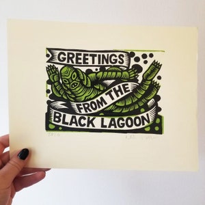 Art Print for Horror Goth Decor - Creature From the Black Lagoon Art - Greetings from the Black Lagoon Linocut Art Print