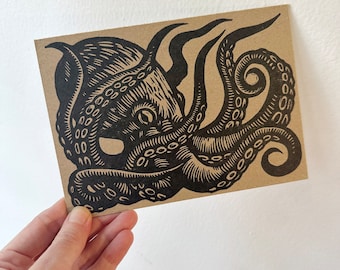 Postcards - Big Postcards - Octopus Postcard - Letterpress Postcard - Hand Printed Postcards - Linocut Postcards - Chipboard Postcards