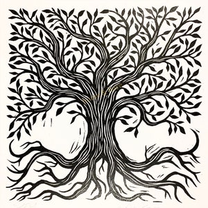 Tree Art Tree of Life Wall Art Linocut Print Square Art 12x12 Inch Wall Art Black and White Home Decor Ornate Tree Artwork image 3