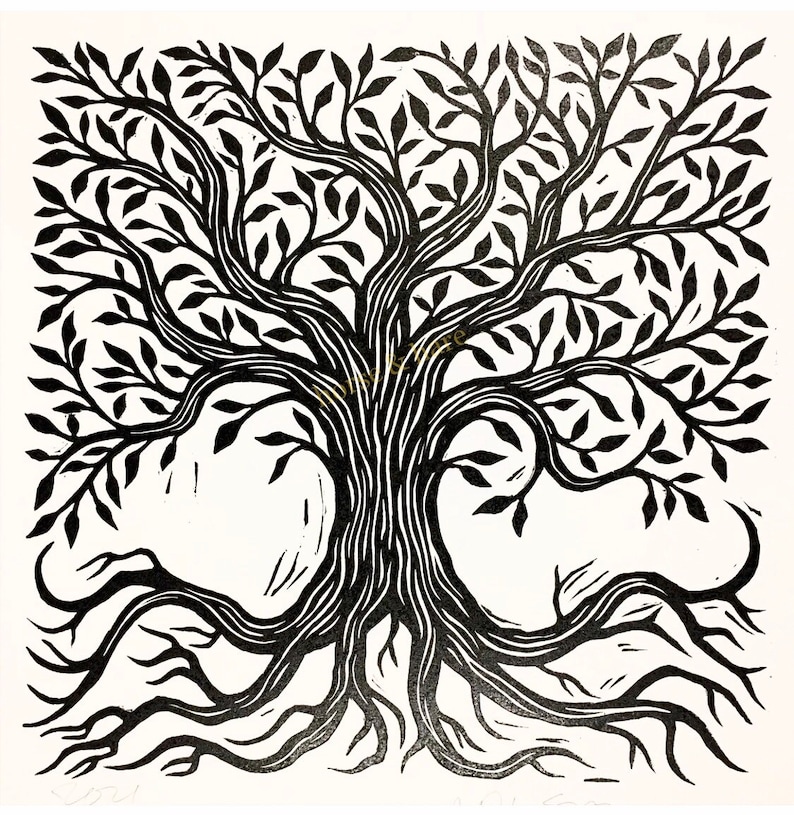 Tree Art Tree of Life Wall Art Linocut Print Square Art 12x12 Inch Wall Art Black and White Home Decor Ornate Tree Artwork image 3