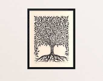 Linocut Print 8.5x11 - Tree Artwork - Rustic Home Decor - Nature Art Prints - Farmhouse Wall Art - Vintage Style Tree Print