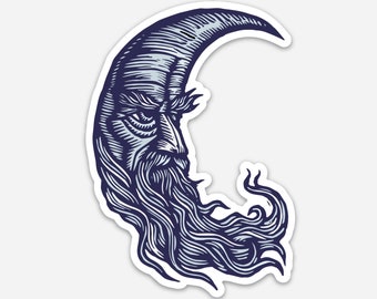 Moon with Face Linocut Graphic Sticker -  Car Window Sticker  - Water Bottle Stickers - Bumper Stickers - Waterproof Decals - Laptop Sticker