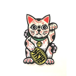 Lucky Cat Sticker for Water Bottle, Car or Laptop - Maneki Neko, Cat Lover Gift - Japanese Kitty