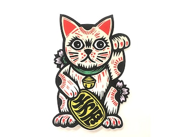 Stickers for Hydroflask - Sticker for Laptop - Lucky Cat Sticker for Water Bottle - Maneki Neko Sticker, Sticker for Cat Lover, Window Decal