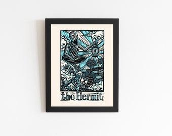 Original Art Hermit Tarot Card Linocut Art Print- 8.5x11 Print for Gallery Wall Living Room Home Decor