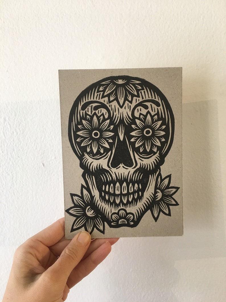 Day of the Dead Skull with Flowers Letterpress 5x7 Postcard Single or Set of Postcards image 4