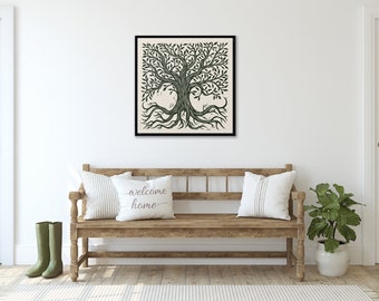 Tree Art on Canvas - Tree with Roots - Print on Canvas - Square Framed Art - Tree Linocut Art on Canvas - Tree of Life Original Artwork