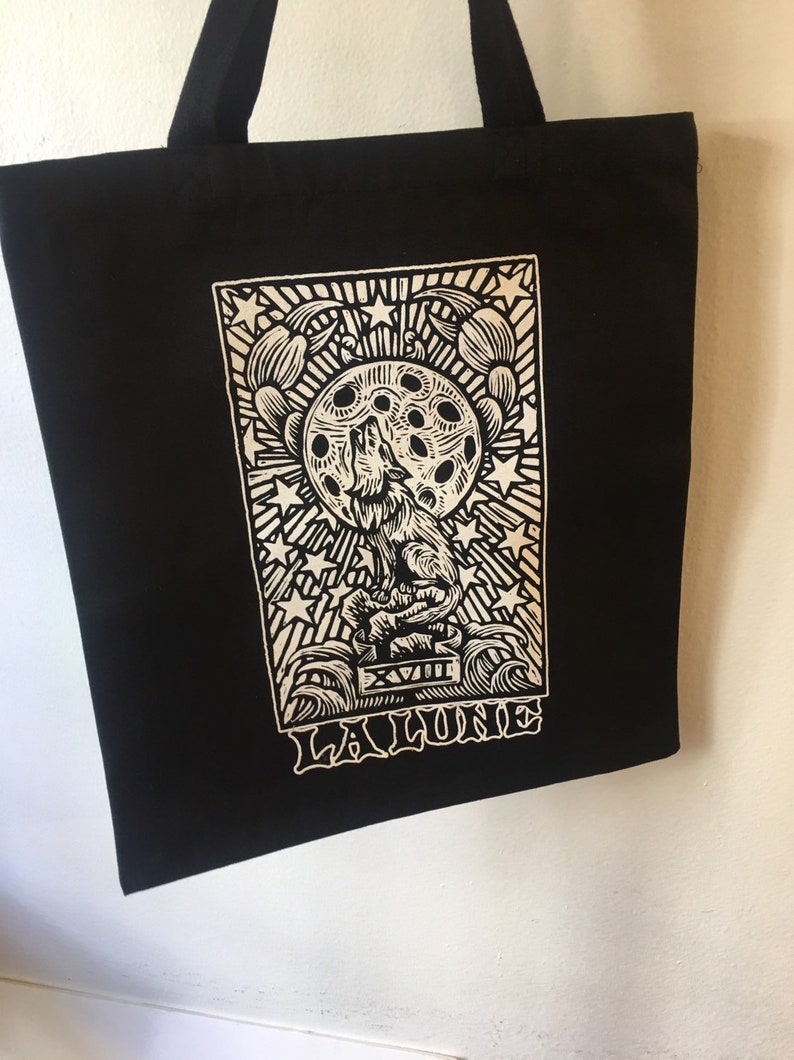La Lune Black Canvas Tote Occult Art Goth Tote Bag Moon Tarot Card Black Tote Back Punk Tote