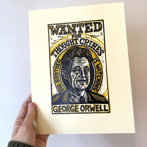 Original Art George Orwell Linocut Art Print Author Art Print English Teacher Gift 1984 Art Library Art Home Decor Writer Gift image 1