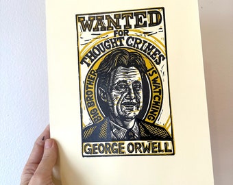 Original Art George Orwell Linocut Art Print - Author Art Print - English Teacher Gift - 1984 Art - Library Art Home Decor - Writer Gift