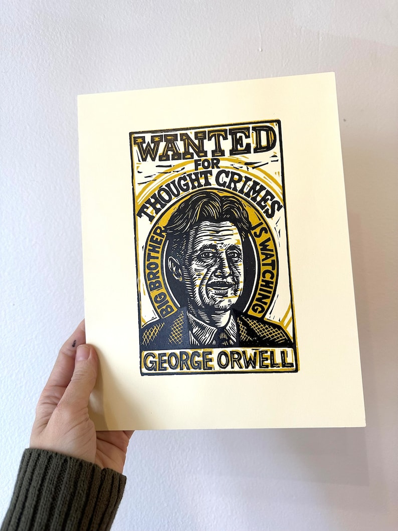 Original Art George Orwell Linocut Art Print Author Art Print English Teacher Gift 1984 Art Library Art Home Decor Writer Gift image 1