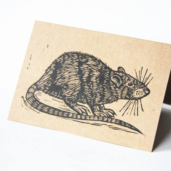 Rat Note Card Single or Set of Cards - Rat Linocut Handprinted Card