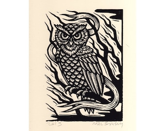 Owl Woodcut Art Print - Linocut Art Print Owl - Original Art Prints Birds - 8.5x11 Wall Art