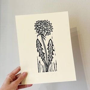 Dandelion Flower Linocut Art Print - Black and White Art - Flower Art - Linocut Print - Nature Art - Rustic Home Decor - 8.5x11 Art Prints