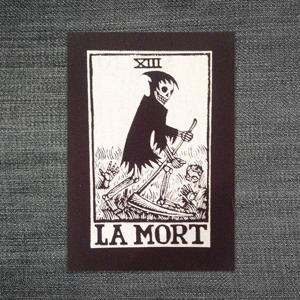 Punk Patch for Jackets - La Mort Death Tarot Black and White Sew On Patch - Skeleton Patch - Grim Reaper - Patches - Jacket Patches