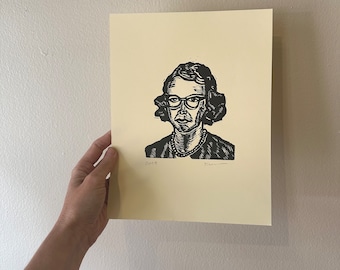 Flannery O'Connor Linocut Print - Literary Art, Home Library Decor