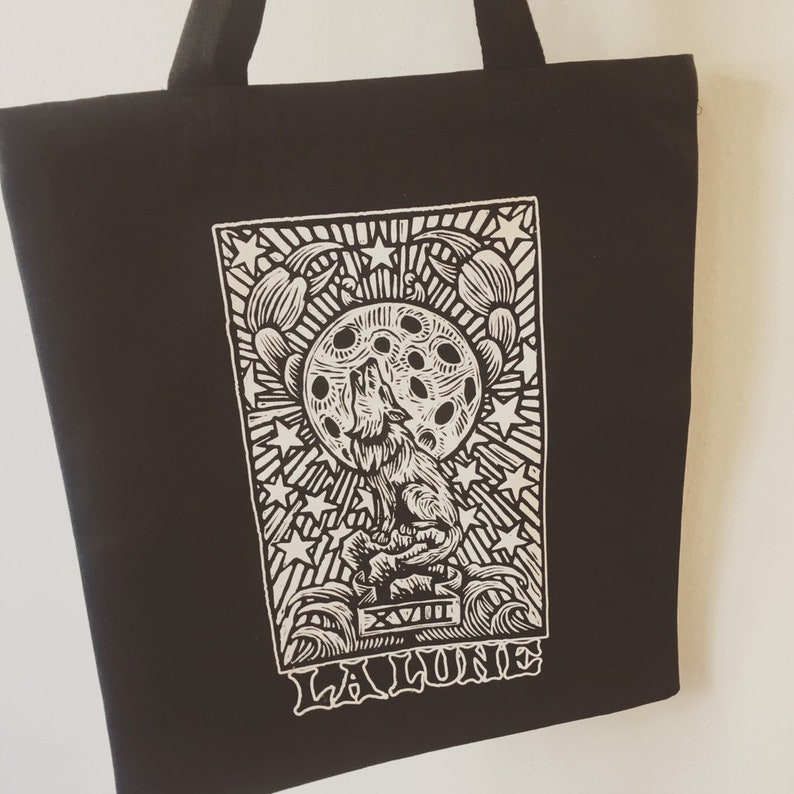 La Lune Black Canvas Tote Occult Art Goth Tote Bag Moon Tarot Card Black Tote Back Punk Tote