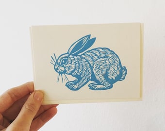 Rabbit Linocut Greeting Card – Hand Printed Easter Note Card