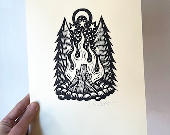 Campfire Linocut 8.5x11 Print on Ivory - Moon and Stars Print - Camping Art - Cabin Decor