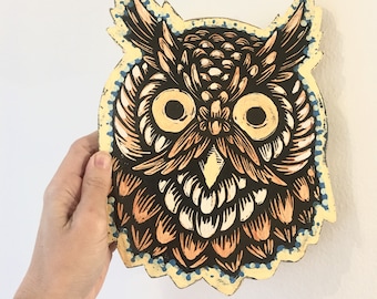 Owl Art - Bird Art - Bird Porch Decor Outdoor - Original Art - Animal Home Decor - Owl Woodcut Art Mixed Media on Wood Wall Art