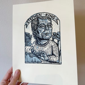 Stephen King Linocut Portrait 8.5x11 Print for Book Nerd Literary Wall Art