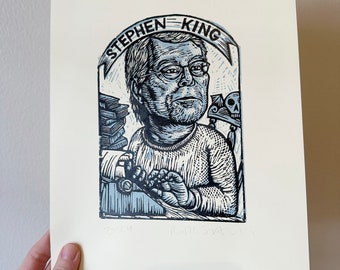 Stephen King Linocut Portrait 8.5x11 Print for Book Nerd Literary Wall Art
