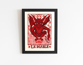 Devil Tarot Card Linocut Print – Handmade Occult Goth Art (8.5x11)