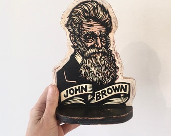 John Brown Bookend Shelf Art - Linocut Block Print on Wood