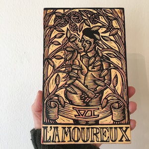 Liebhaber Tarot Linolschnitt 5 x 8 inch Print auf Holz
