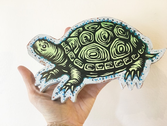 Turtle Art Linocut Art Print on Wood Turtle Wall Art Animal Home