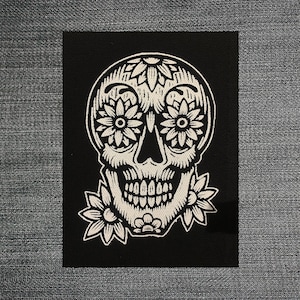 Skull Patch - Punk Patches - Skull with Flowers Day of the Dead - Black and White Patches for Jackets - Sew On Patches