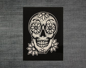 Skull Patch - Punk Patches - Skull with Flowers Day of the Dead - Black and White Patches for Jackets - Sew On Patches