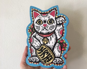Lucky Cat Print on Wood Art - Maneki Neko Art