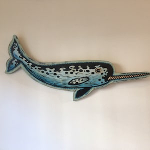 Narwhal Linocut Mounted on Cutout Wood, Unique Ocean Animal, Nautical, Wall Art Decor
