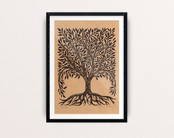 Tree Artwork - Rustic Home Decor - Tree Linocut Art Print - Vintage Style Tree Art