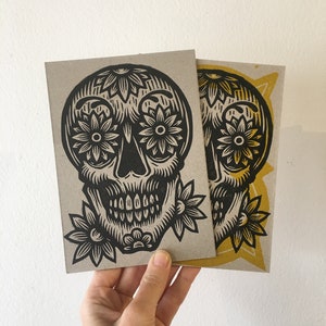 Day of the Dead Skull with Flowers Letterpress 5x7 Postcard Single or Set of Postcards image 1