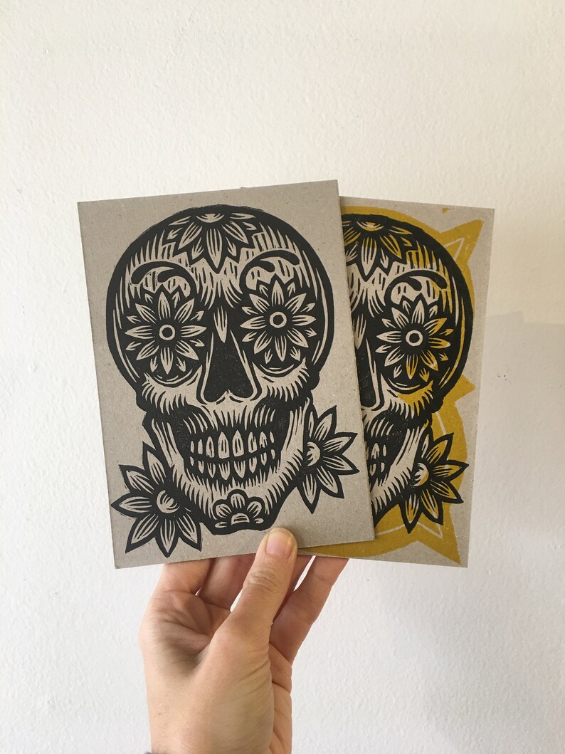 Day of the Dead Skull with Flowers Letterpress 5x7 Postcard Single or Set of Postcards image 1