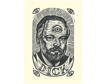 Author Art - Philip K. Dick Portrait Linocut Print - 8.5x11 Print