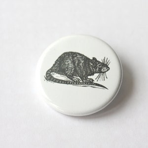 May include: A white button with a black and white illustration of a rat. The rat is facing the right side of the button and has a long tail.